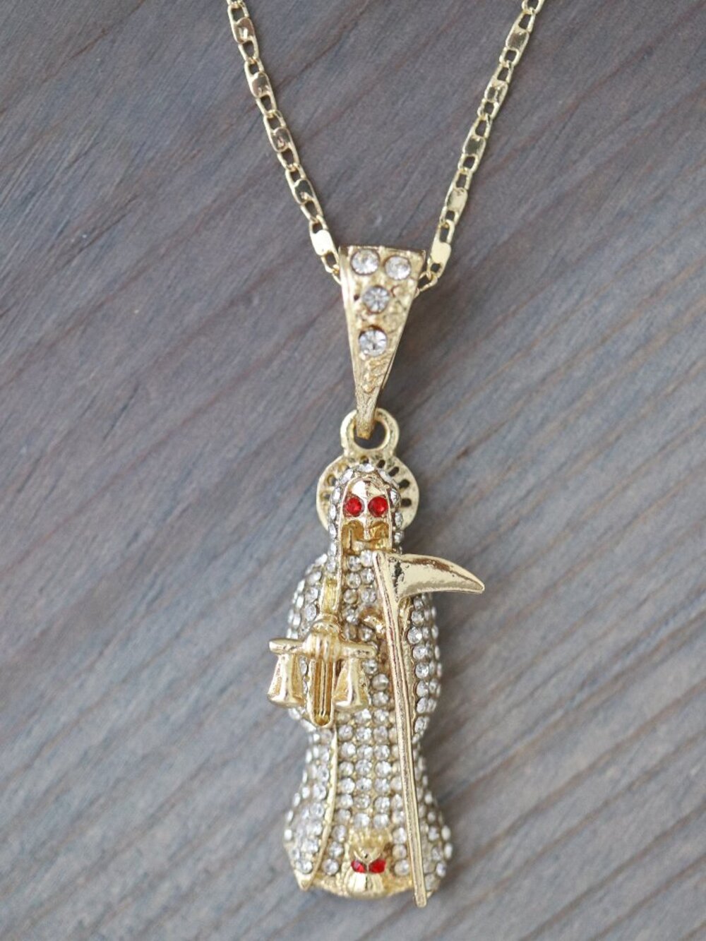 Grim Reaper Pave CZ Diamond Stones Style Pendant Necklace 18k Gold Plated